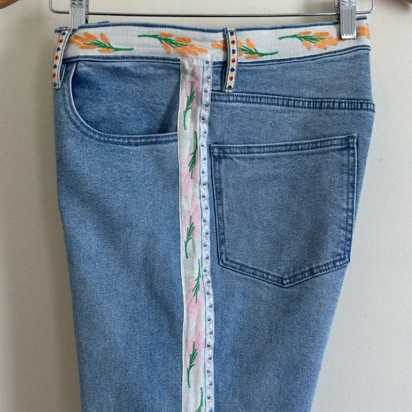 Tory Burch High Waisted Stretch Jeans Embroidered Floral Side Stripe Sz 30
